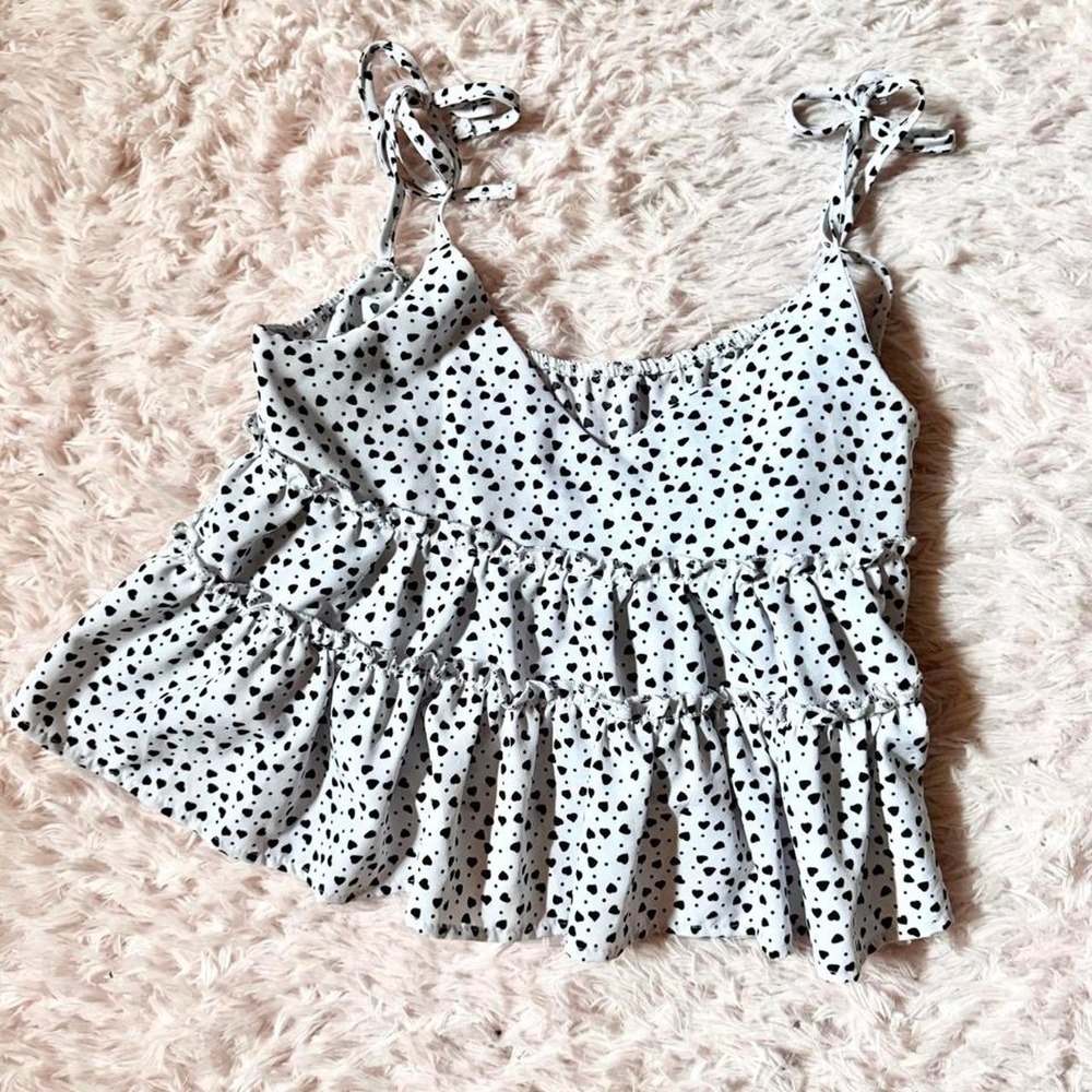 Minimalist Whimsical Ruffle Coquette Tie Strap Peplum Crop Top Womens S Hearts